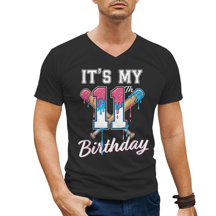 Baseball 11 Year Old Ice Cream Drip 11th Birthday Boys Men's V-Neck T-Shirt