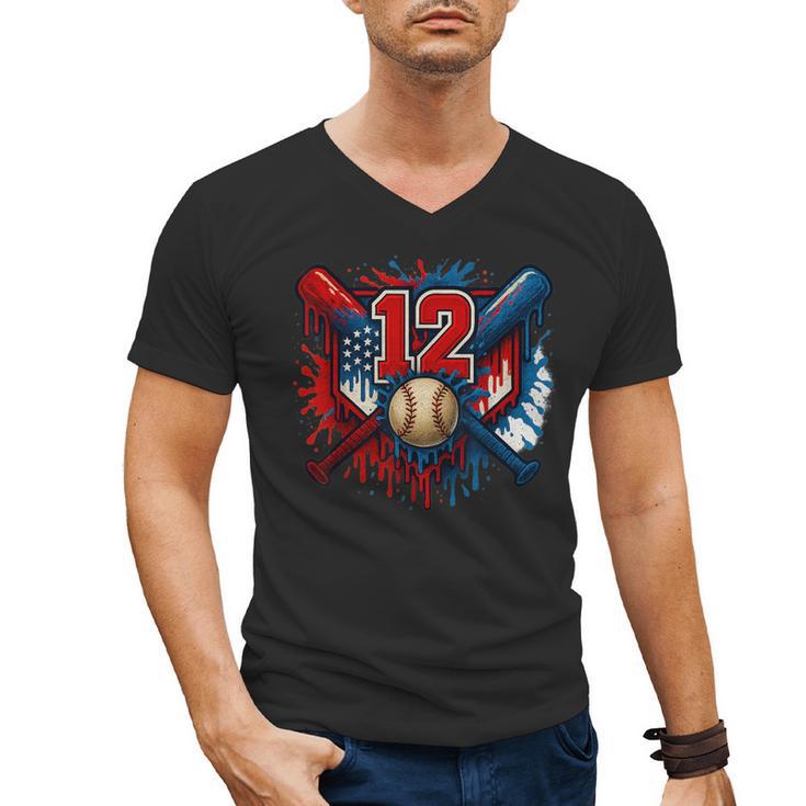 Baseball 12 Year Old Splash Drip 12th Birthday Boy Number 12 Men's V-Neck T-Shirt