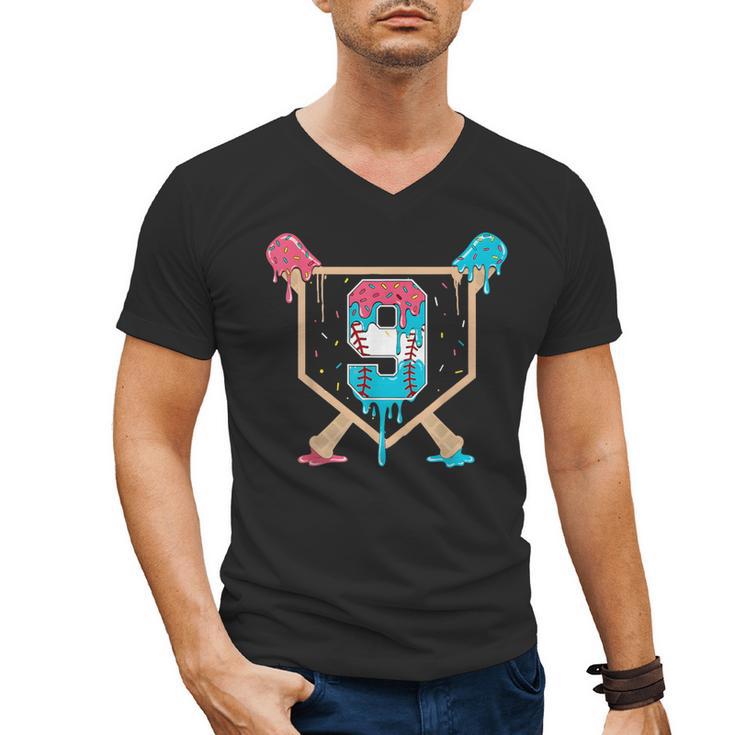 Baseball 9 Year Old Ice Cream Drip 9th Birthday Boys Player Men's V-Neck T-Shirt