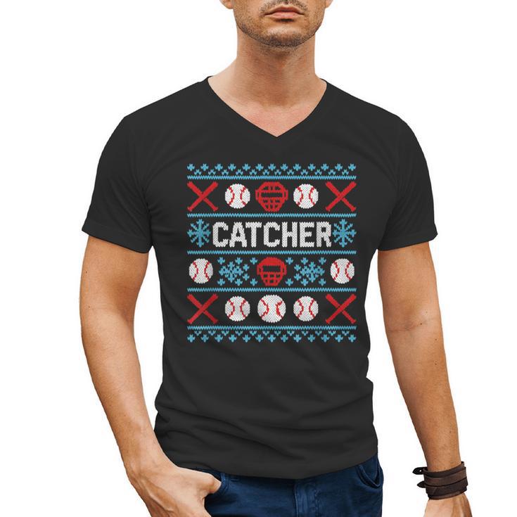 Baseball Catcher Ugly Christmas Sweater Pattern Sports Xmas Men's V-Neck T-Shirt
