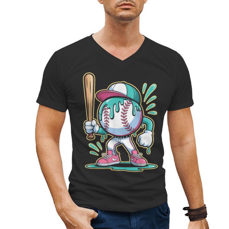 Baseball Character Cartoon Batter Drip Style Women Men Men's V-Neck T-Shirt