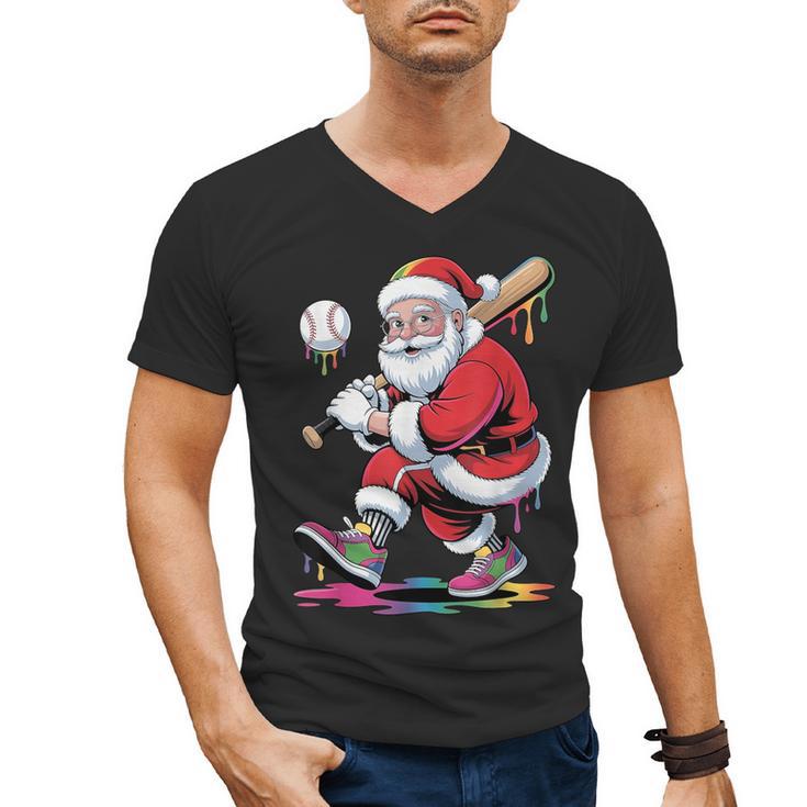 Baseball Christmas Santa Claus Batter Baseball Drip Men's V-Neck T-Shirt