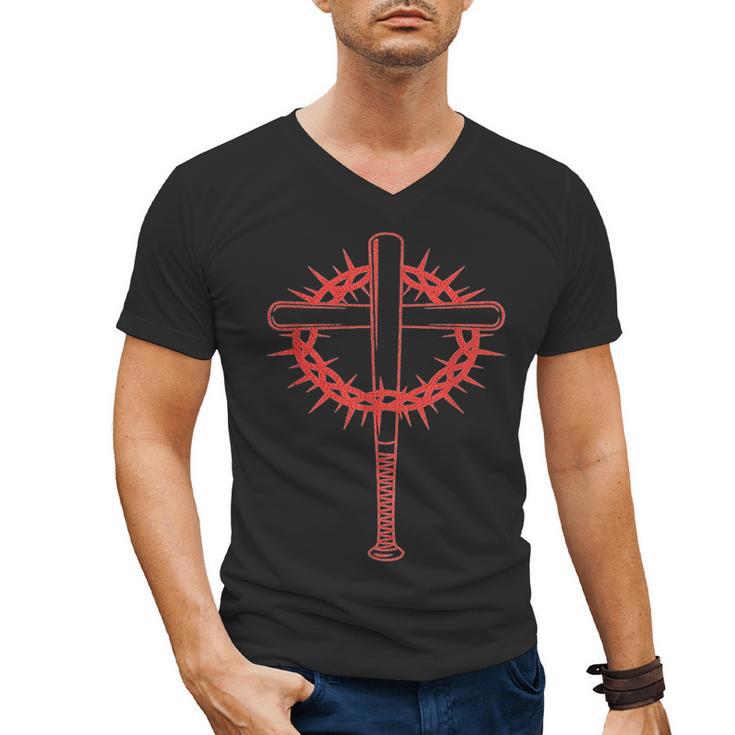 Baseball Cross Bats Pitcher Jesus Faith Men's V-Neck T-Shirt