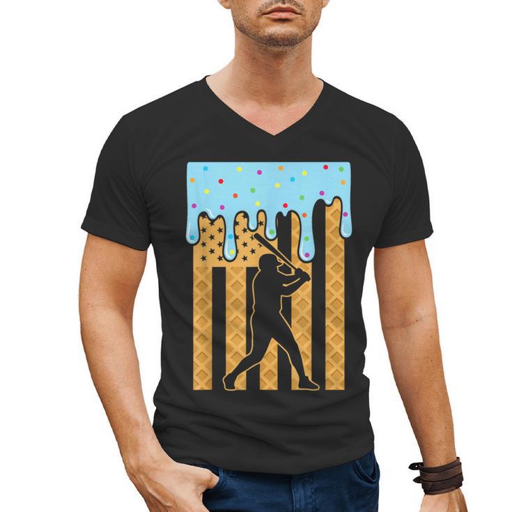 Baseball Drip Dripping Ice Cream Sport Player American Flag Men's V-Neck T-Shirt