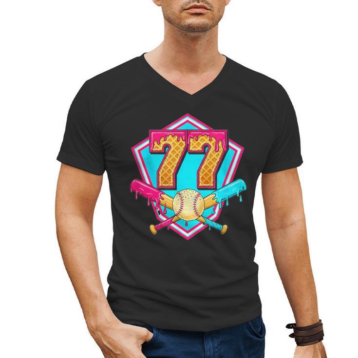 Baseball Drip Jersey Number 77 For Players & 77th Birthday Men's V-Neck T-Shirt
