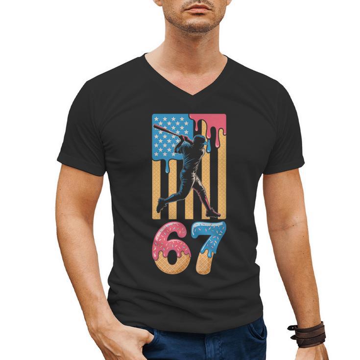 Baseball Drip USA Flag 67 Player 67th Birthday Ice Cream 67 Men's V-Neck T-Shirt