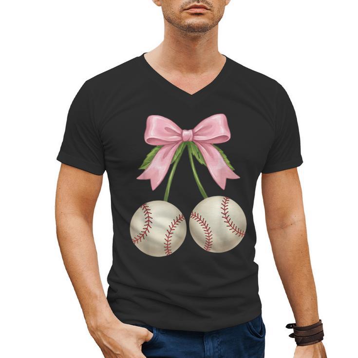 Baseball Girls Women Coquette Pink Bow Baseball Men's V-Neck T-Shirt