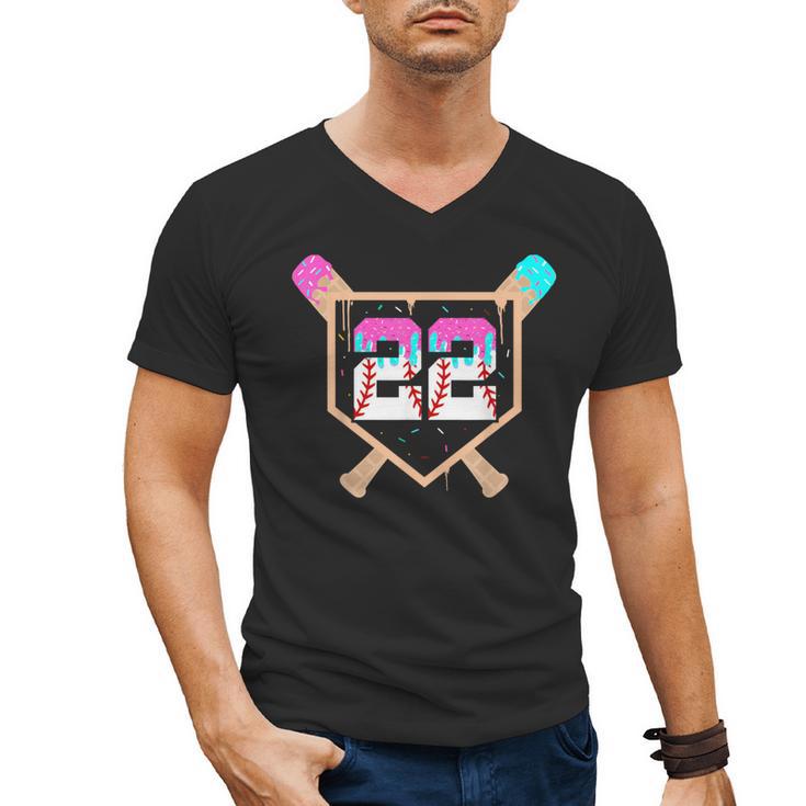 Baseball Ice Cream Drip Number 22 Player 22nd Birthday Men's V-Neck T-Shirt
