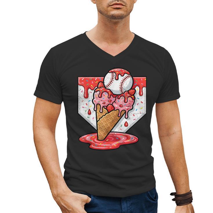 Baseball Ice Cream Drip Baseball Strawberry For Youth Red Men's V-Neck T-Shirt