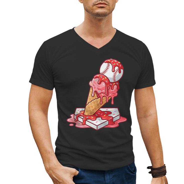 Baseball Ice Cream Drip Youth Strawberry Baseball Red Men's V-Neck T-Shirt