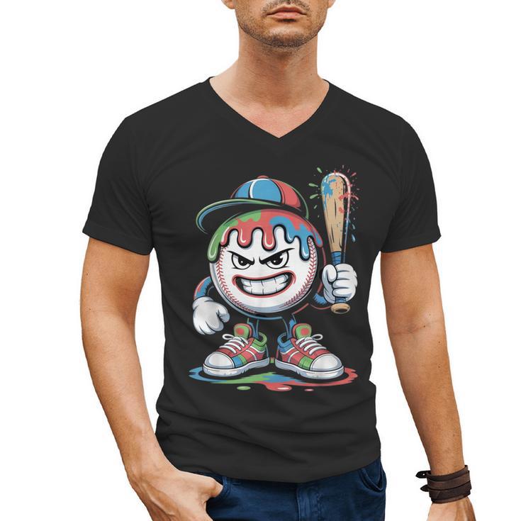 Baseball Mascot Attitude Graffiti Splash Bat Cap Men's V-Neck T-Shirt