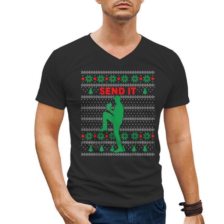 Baseball Player Christmas Pajama Send It Xmas PJs Boys Men's V-Neck T-Shirt