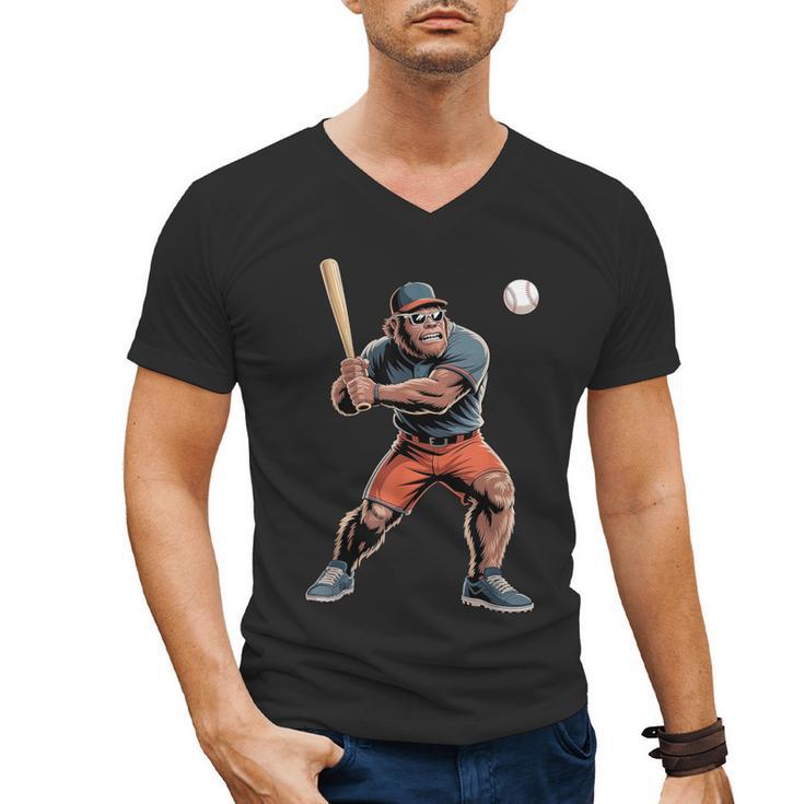 Bigfoot Playing Baseball Boys Kids Men Baseball Player Men's V-Neck T-Shirt