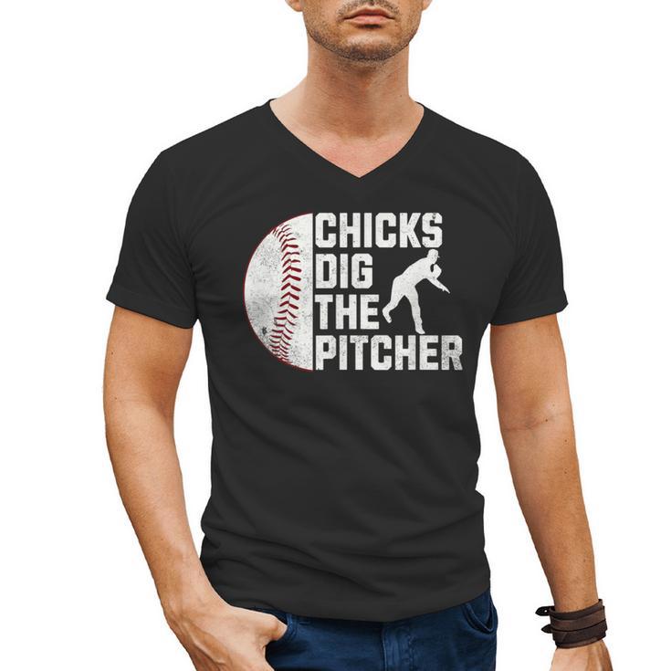 Chicks Dig The Pitcher Baseball Men's V-Neck T-Shirt