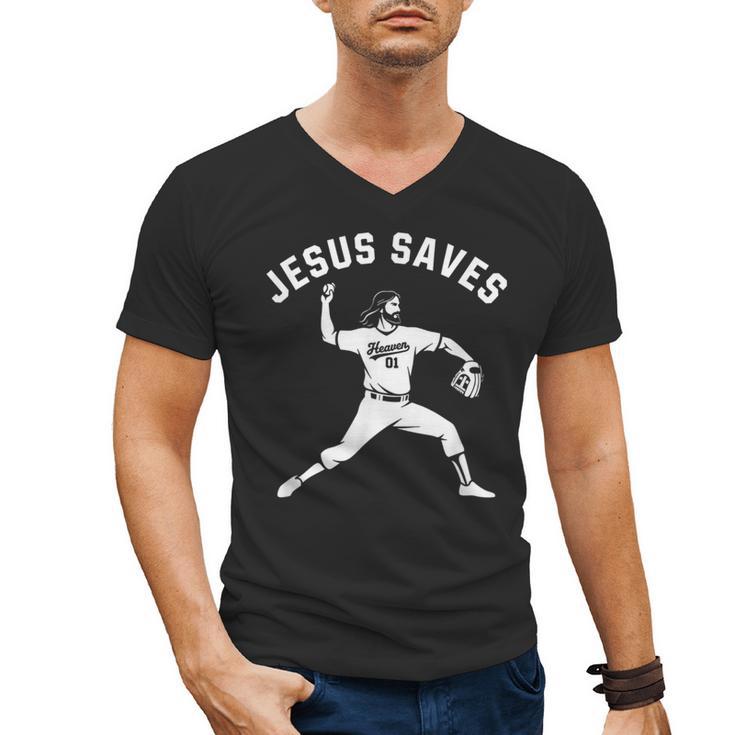 Christian Jesus Saves Baseball Pitcher Heaven 01 Sports Men's V-Neck T-Shirt