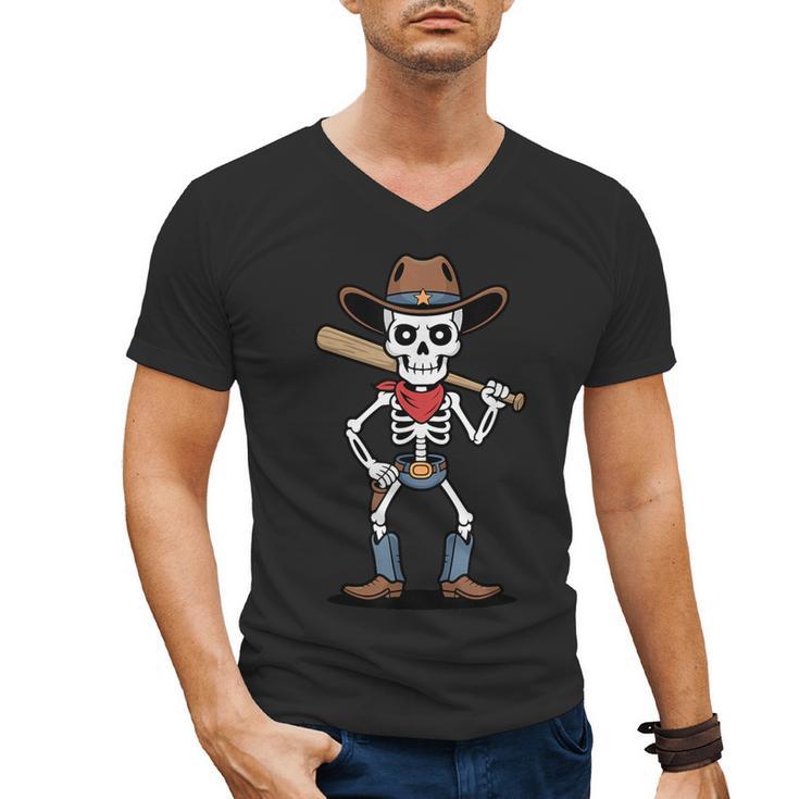 Cowboy Skeleton Baseball Halloween Graphic Men's V-Neck T-Shirt