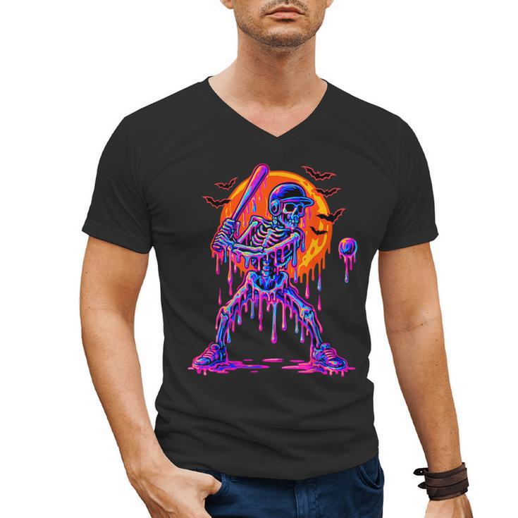 Drip Skeleton Batting Baseball Halloween Men's V-Neck T-Shirt