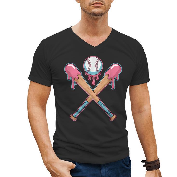 Dripping Pink Baseball Crossed Bats Summer Men's V-Neck T-Shirt