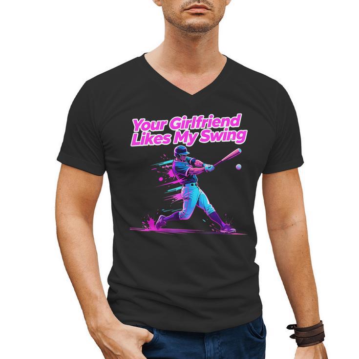 Your Girlfriend Likes My Swing Baseball Quote Boys Men Men's V-Neck T-Shirt