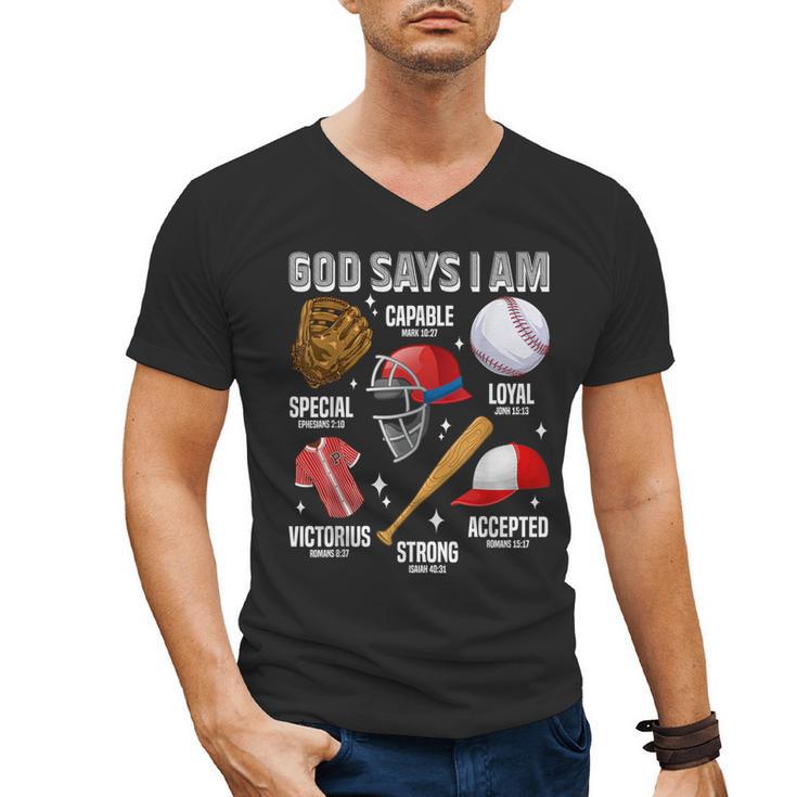 God Says I Am Baseball Player Catcher Pitcher Boys Men Men's V-Neck T-Shirt