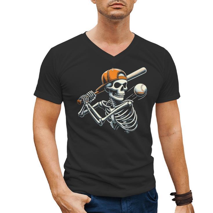 Halloween Boys Batting Skeleton Baseball Men's V-Neck T-Shirt