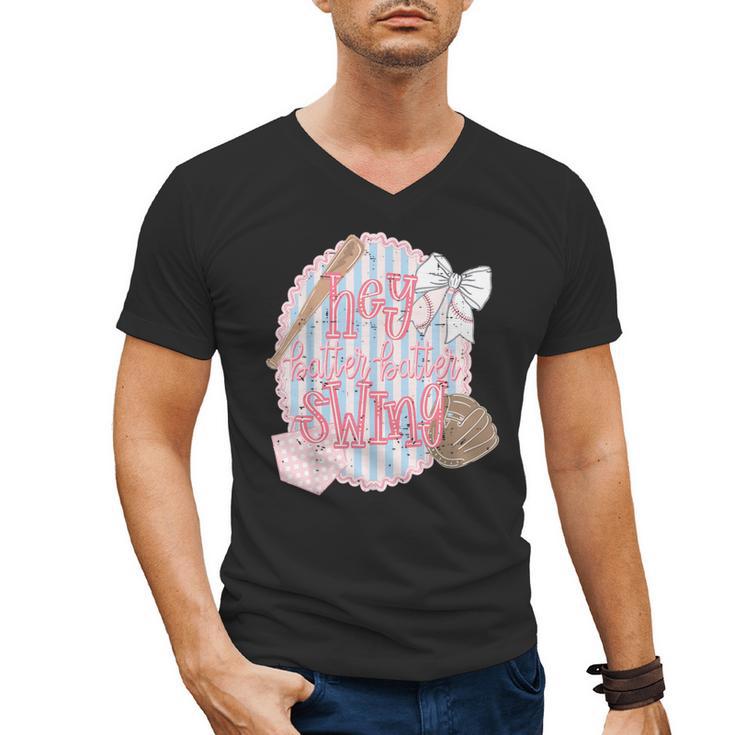 Hey Batter Batter Swing Baseball Game Day Coquette Bow Girly Men's V-Neck T-Shirt