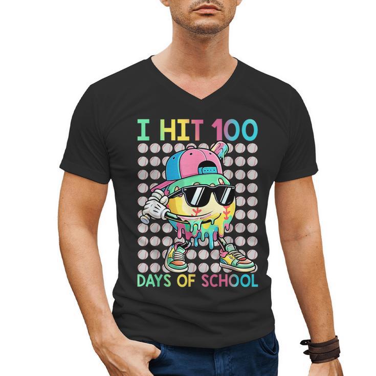 I Hit 100 Days Of School Baseball Drip 100th Day Of School Men's V-Neck T-Shirt