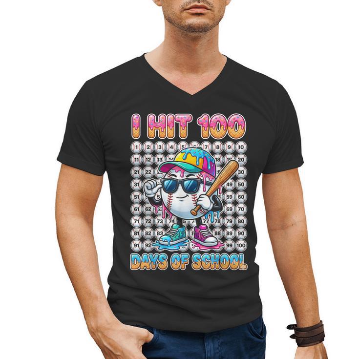 I Hit 100 Days Of School Baseball Ice Cram Drip 100th Boys Men's V-Neck T-Shirt