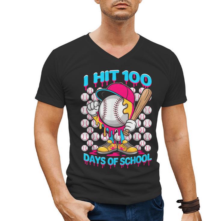 I Hit 100 Days Of School Baseball Ice Cream Drip Men's V-Neck T-Shirt