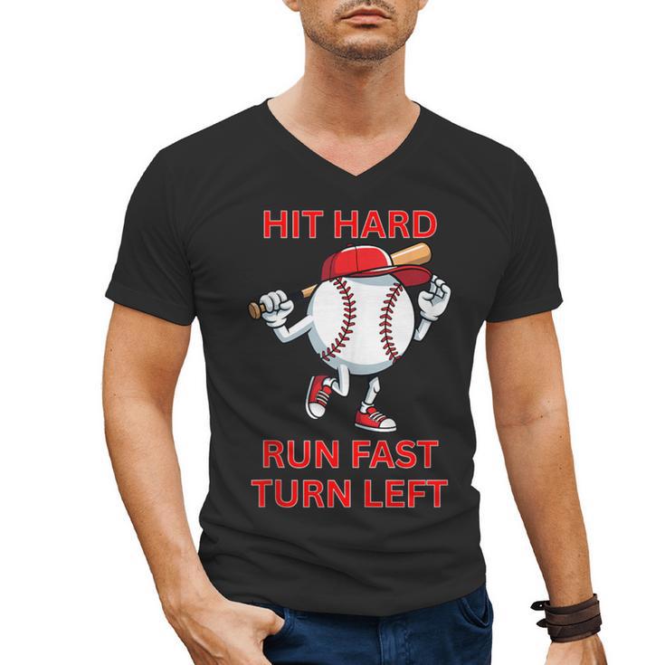 Hit Hard Run Fast Turn Left Baseball Player Men's V-Neck T-Shirt