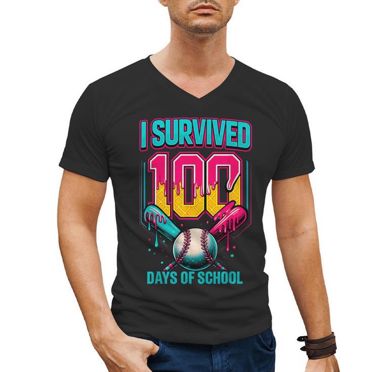HUGvyn I Survived 100 Days Baseball Teacher Ice Cream Drip Men's V-Neck T-Shirt