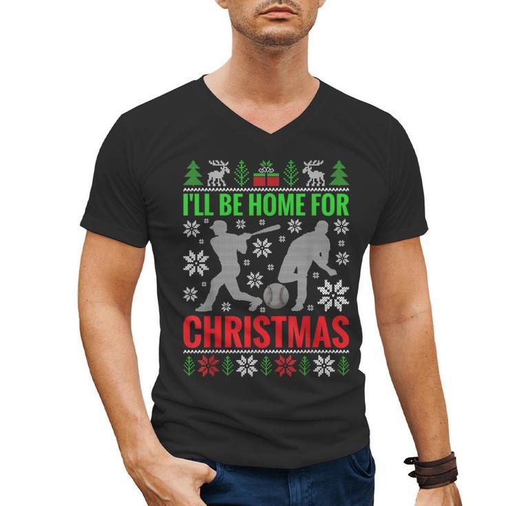 I'Ll Be Home For Christmas Baseball Xmas Men's V-Neck T-Shirt