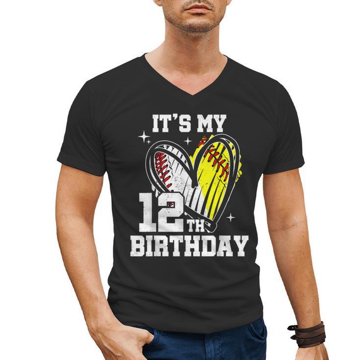 It's My 12th Birthday Baseball Softball Heart 12 Year Old Men's V-Neck T-Shirt
