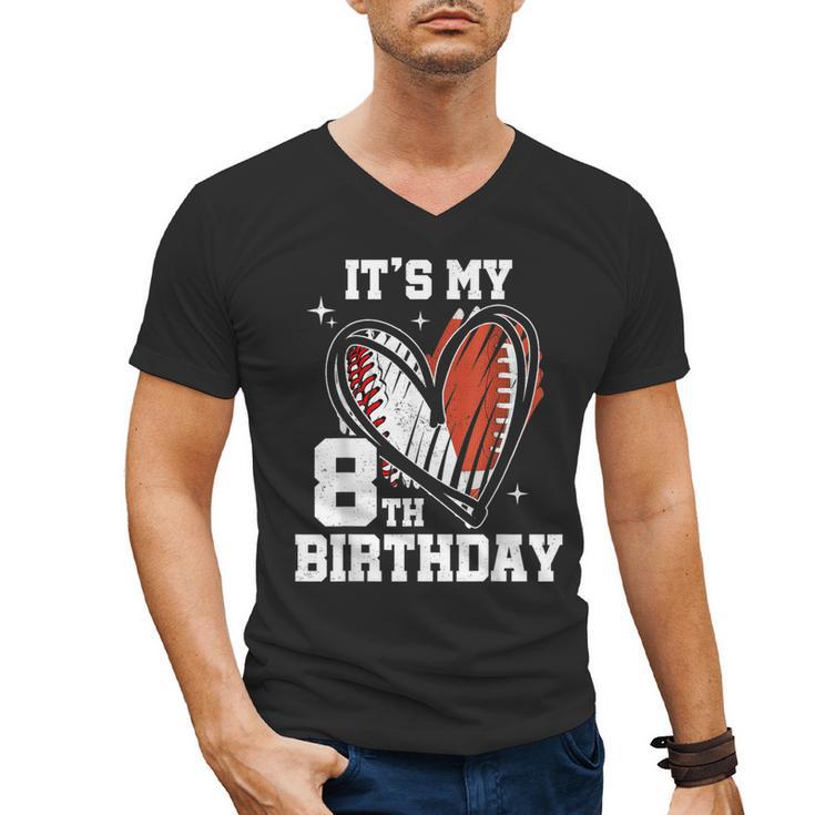It's My 8th Birthday Baseball Football Heart 8 Year Old Men's V-Neck T-Shirt
