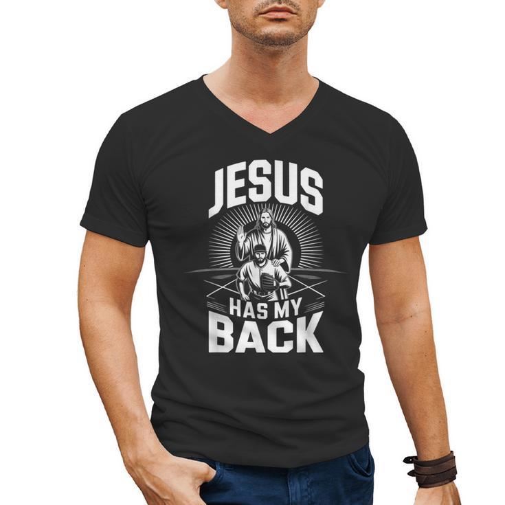 Jesus Has My Back Baseball Faith Motivation Tee Christian Men's V-Neck T-Shirt