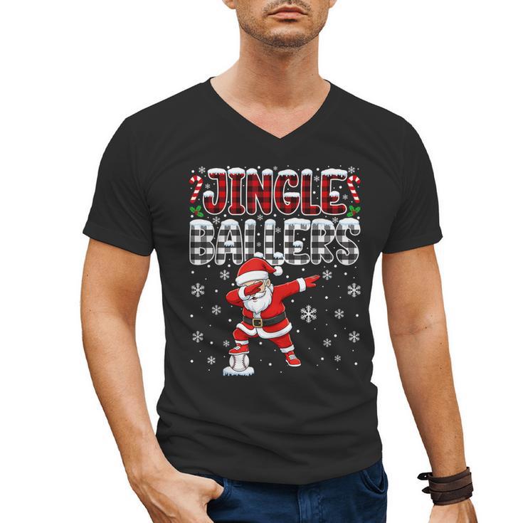 Jingle Ballers Plaid Santa Dabbing Baseball Christmas Men's V-Neck T-Shirt