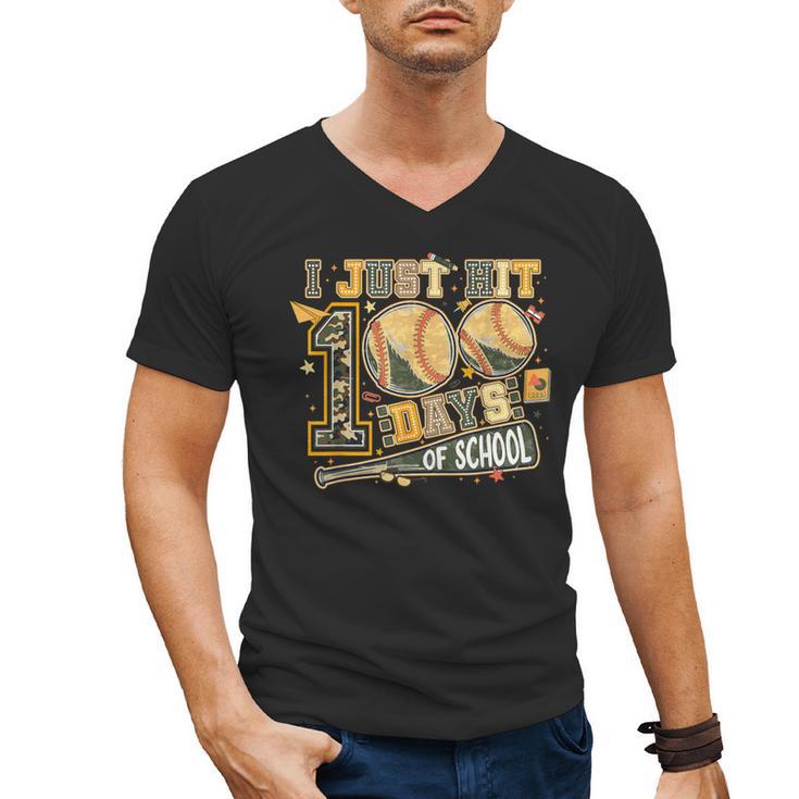 I Just Hit 100 Days Of School Baseball Teacher Student Retro Men's V-Neck T-Shirt