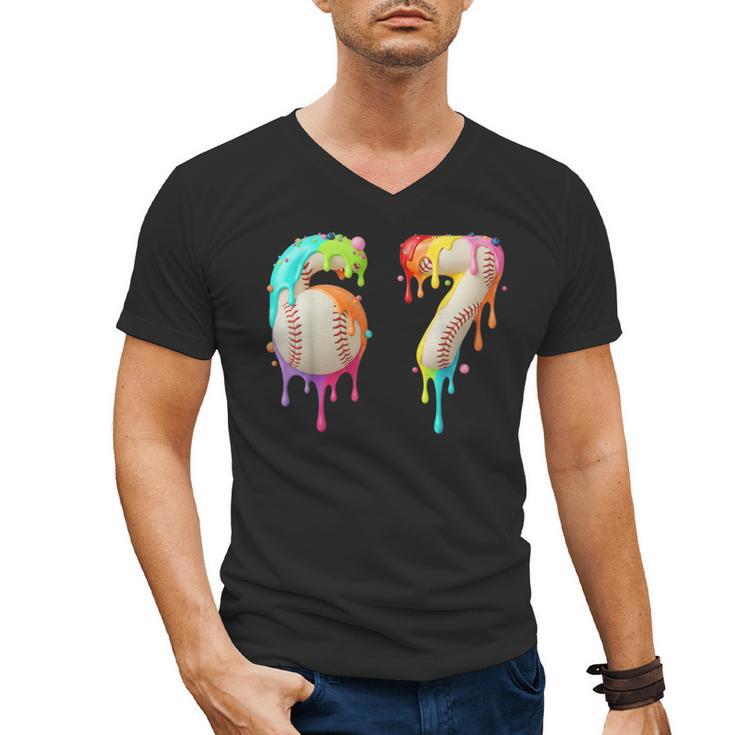 Kids Meme 67 Number Six 6 Seven 7 Ice Cream Drips Baseball Men's V-Neck T-Shirt