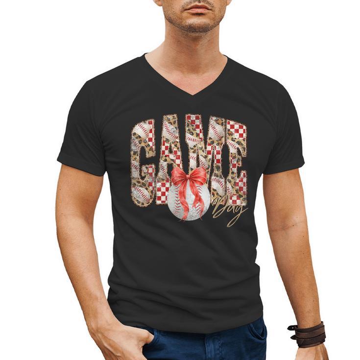 Leopard Checkered Game Day Baseball Coquette Bow Women Girls Men's V-Neck T-Shirt