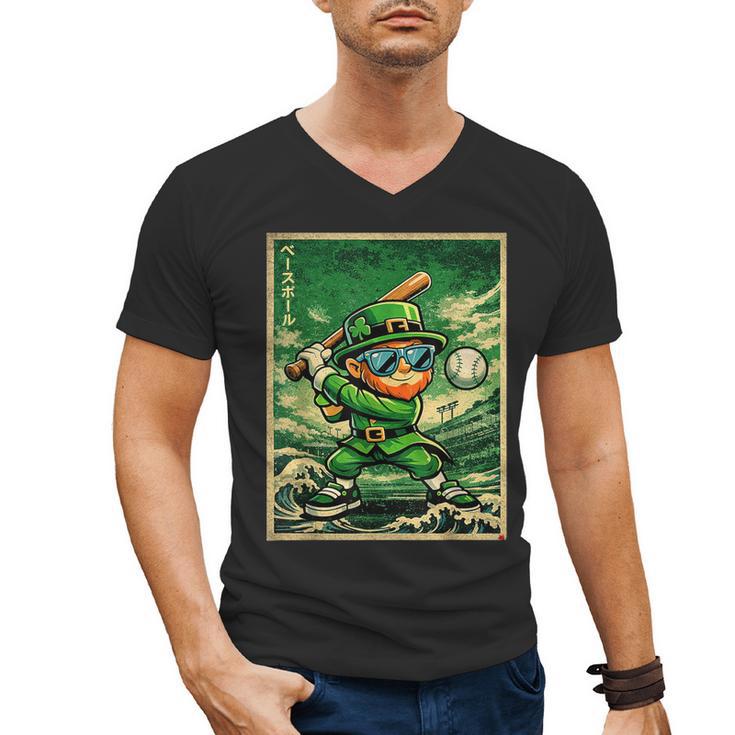 Leprechaun Playing Baseball Japanese Art St Patricks Day Men's V-Neck T-Shirt