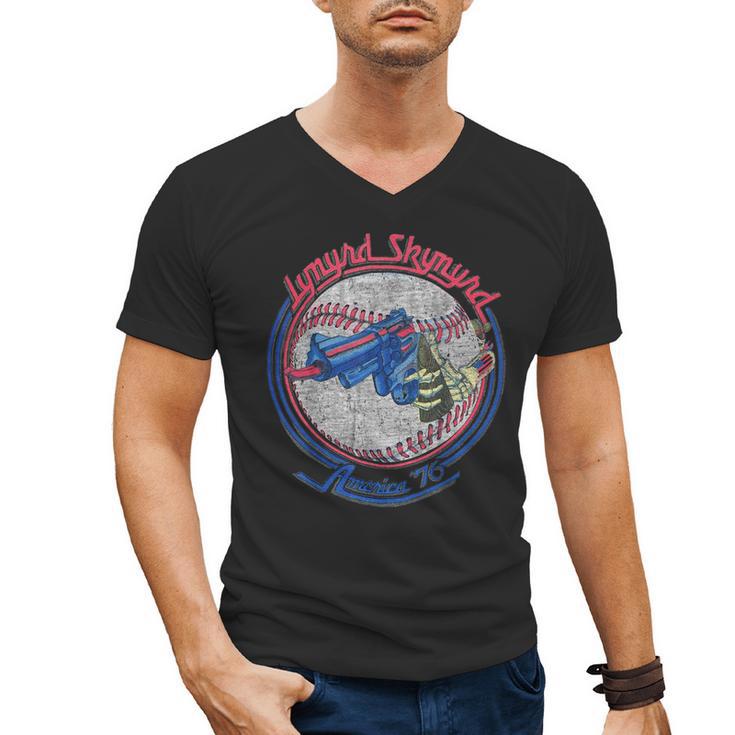 Lynyrd Skynyrd Skeleton Baseball Gun US Flag Cowboy Rock Fan Men's V-Neck T-Shirt