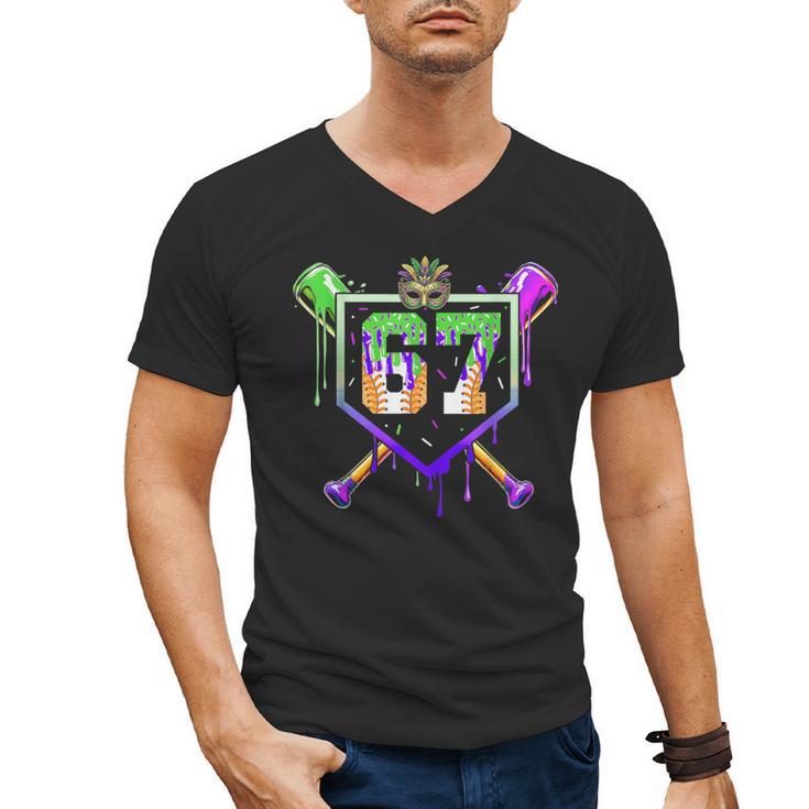 Mardi Gras Baseball Carnival Party Ice Cream Drip Boys Men's V-Neck T-Shirt