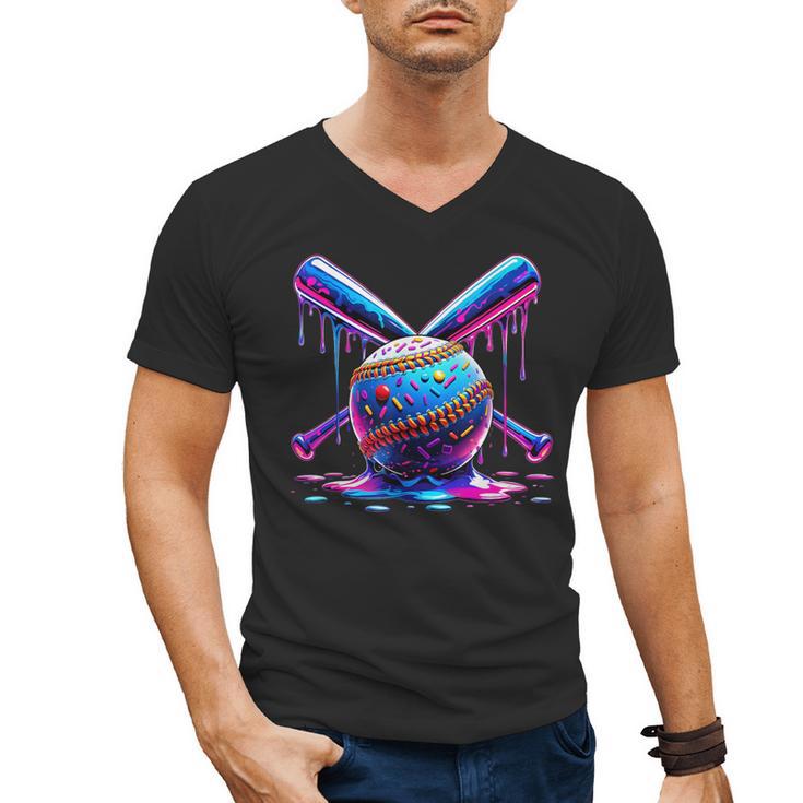 Neon Dripping Baseball And Bats Colorful Sports Art Men's V-Neck T-Shirt