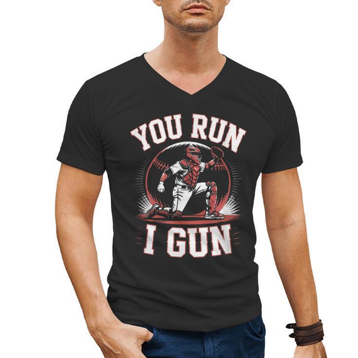 You Run I Gun Baseball Catcher Softball Player Men's V-Neck T-Shirt