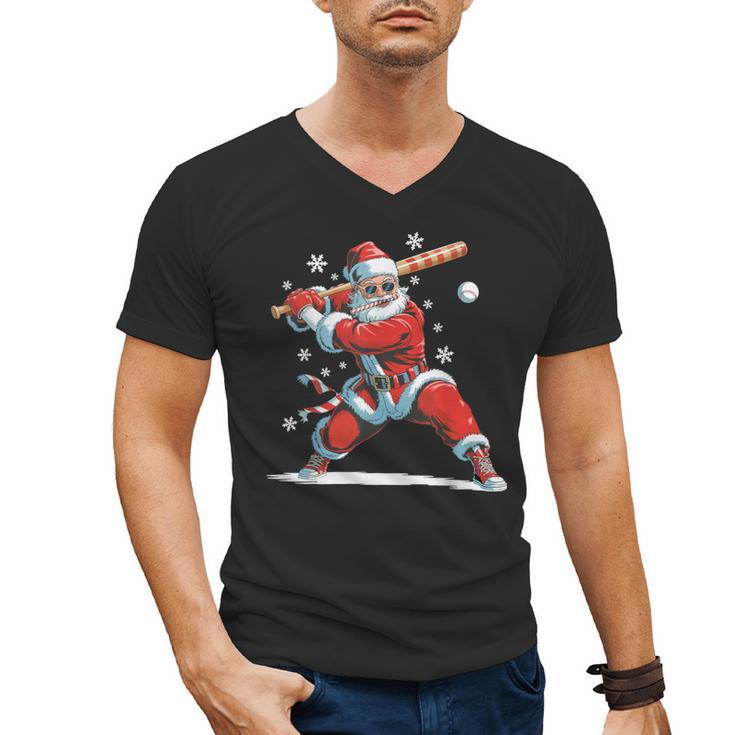 Santa Playing Baseball Christmas Candy Cane Fun Xmas Holiday Men's V-Neck T-Shirt