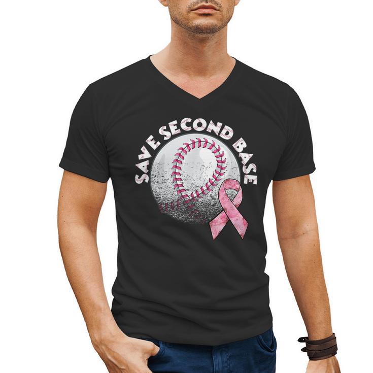 Save 2nd Base Breast Cancer Awareness Pink Ribbon Baseball Men's V-Neck T-Shirt