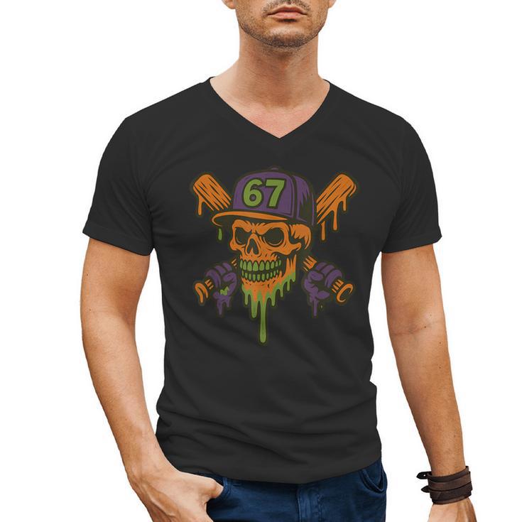 Six Seven 6 7 Baseball Skull Drip Halloween Horror Sports Men's V-Neck T-Shirt
