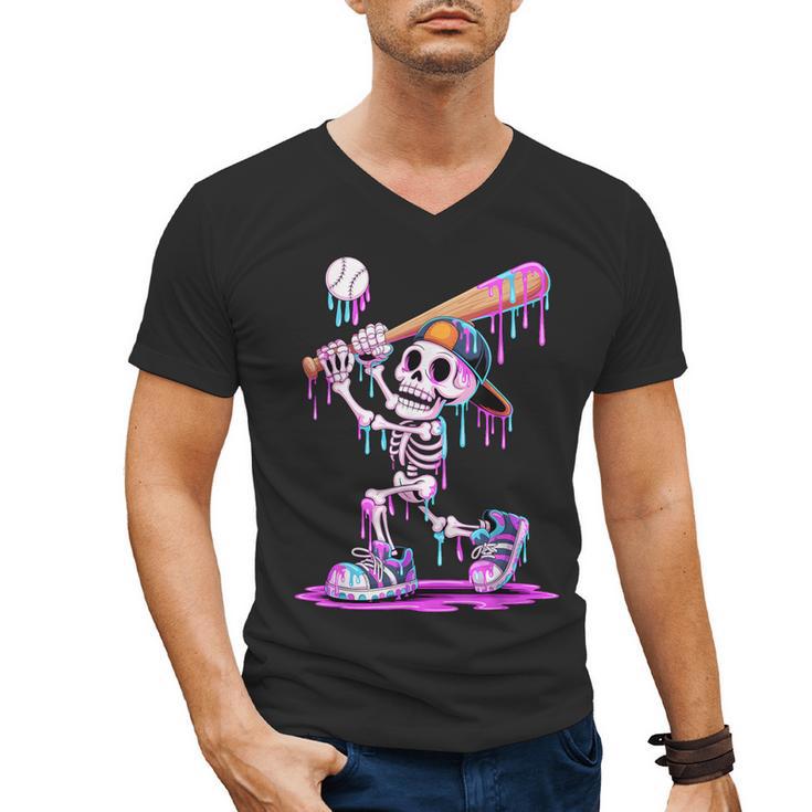 Skeleton Baseball Drip Boys Youth Kids Halloween Men's V-Neck T-Shirt