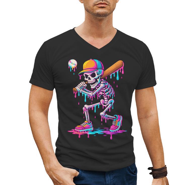 Skelton Playing Baseball Halloween Baseball Drip Boys Kids Men's V-Neck T-Shirt