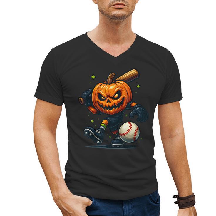 Spooky Halloween Scary Pumpkin Baseball Player Witchy Vibes Men's V-Neck T-Shirt